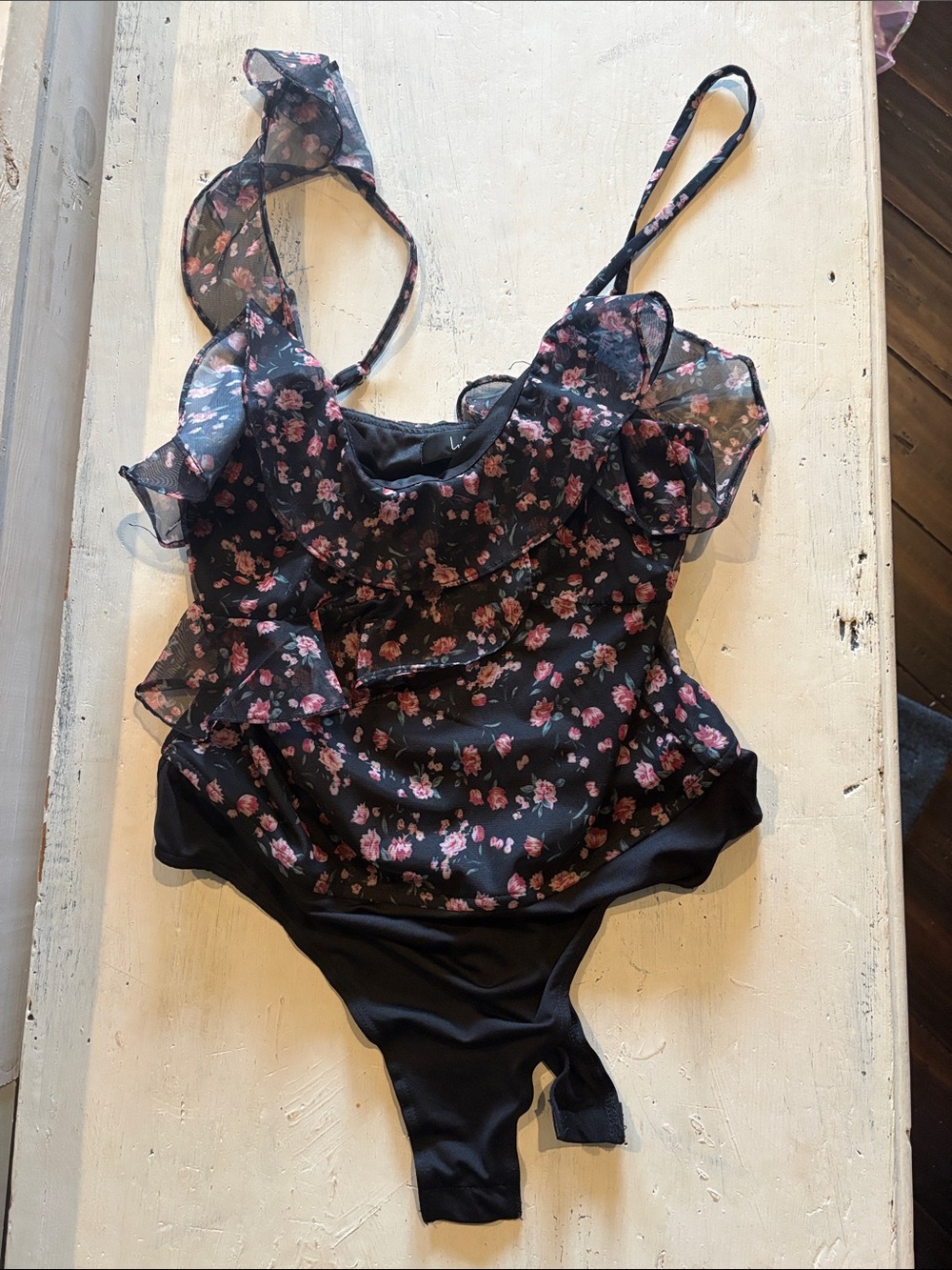 Lulu's Black Floral Ruffle Teddy Bodysuit